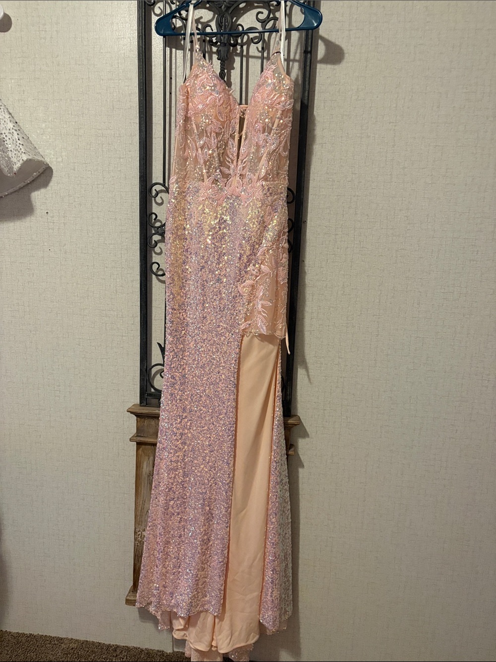JVN by Jovani Pink Sequin & Lace Deep V Prom Gown